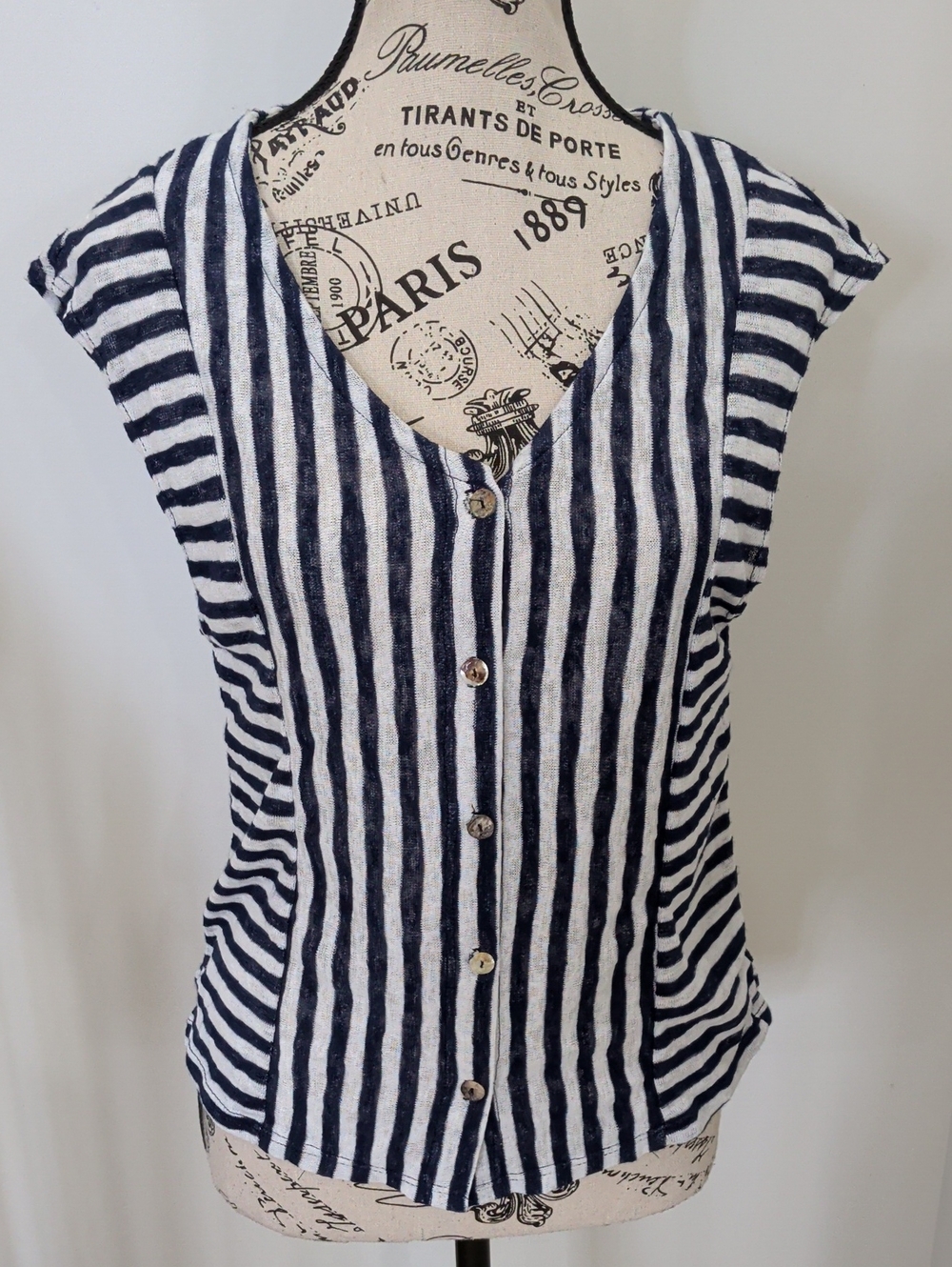COIN 1804 | Women's Navy/White Striped Button Front Short Sleeved  Shirt